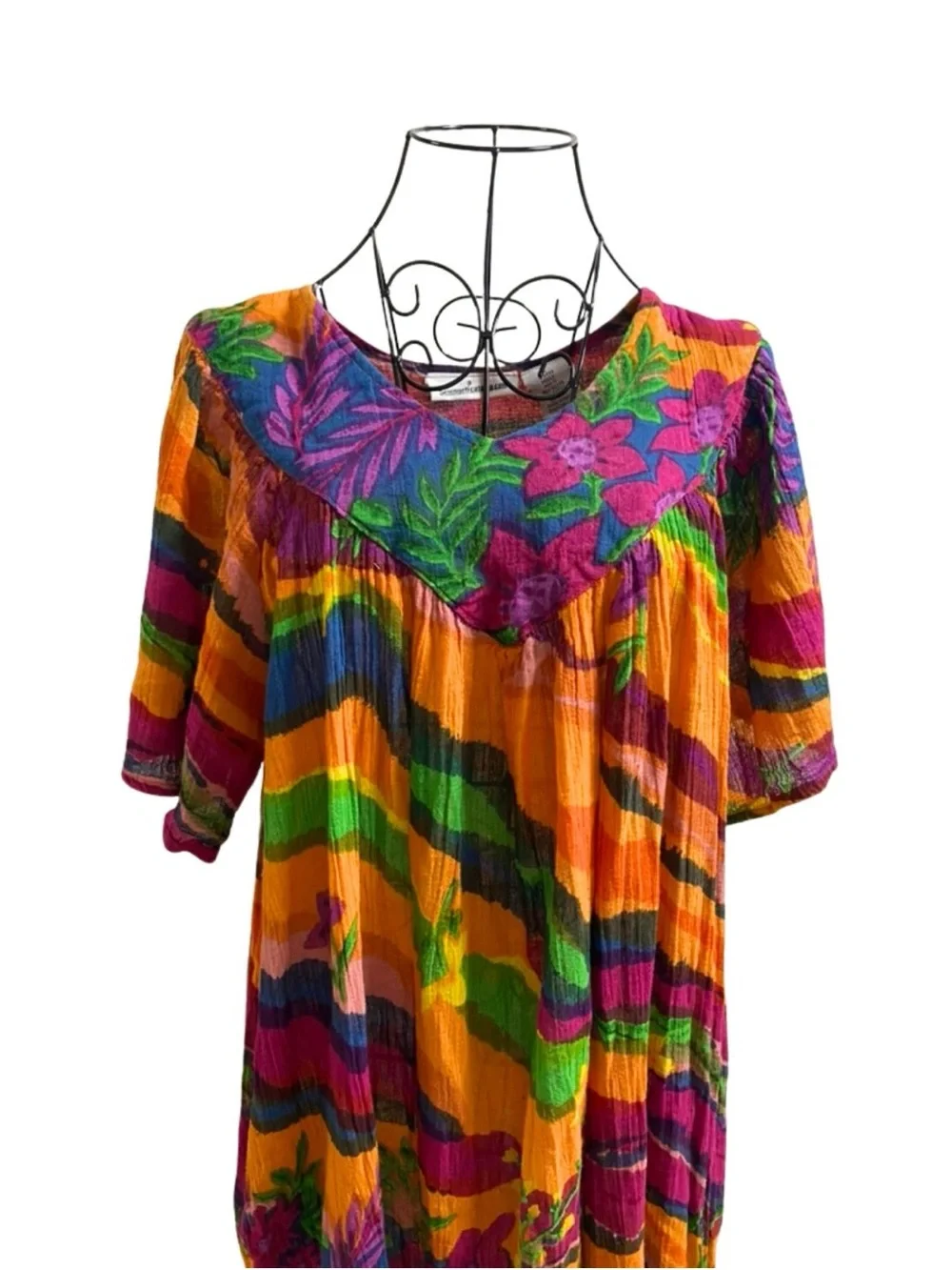 Maxi Kaftan Dress Women Large Cotton Summer Short Sleeve Orange Floral Vibrant - Picture 3 of 7